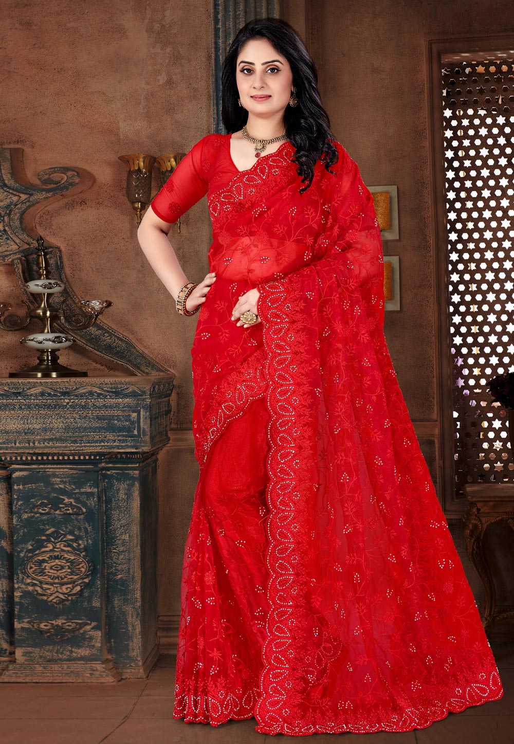 Red Net Saree With Blouse 207736