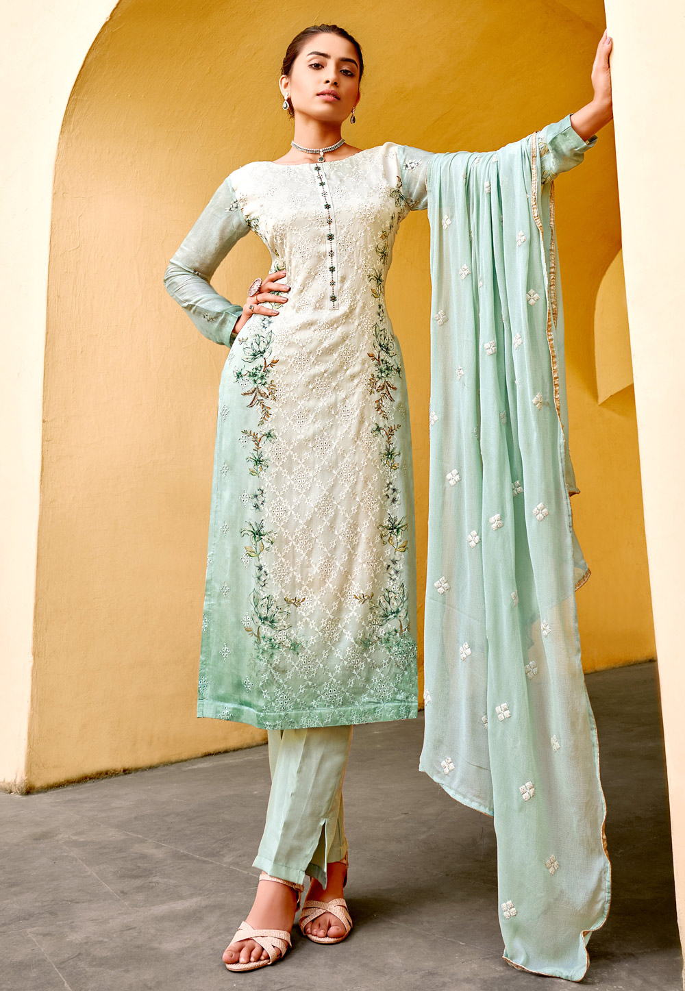 Sea Green Viscose Pant Style Suit 240381