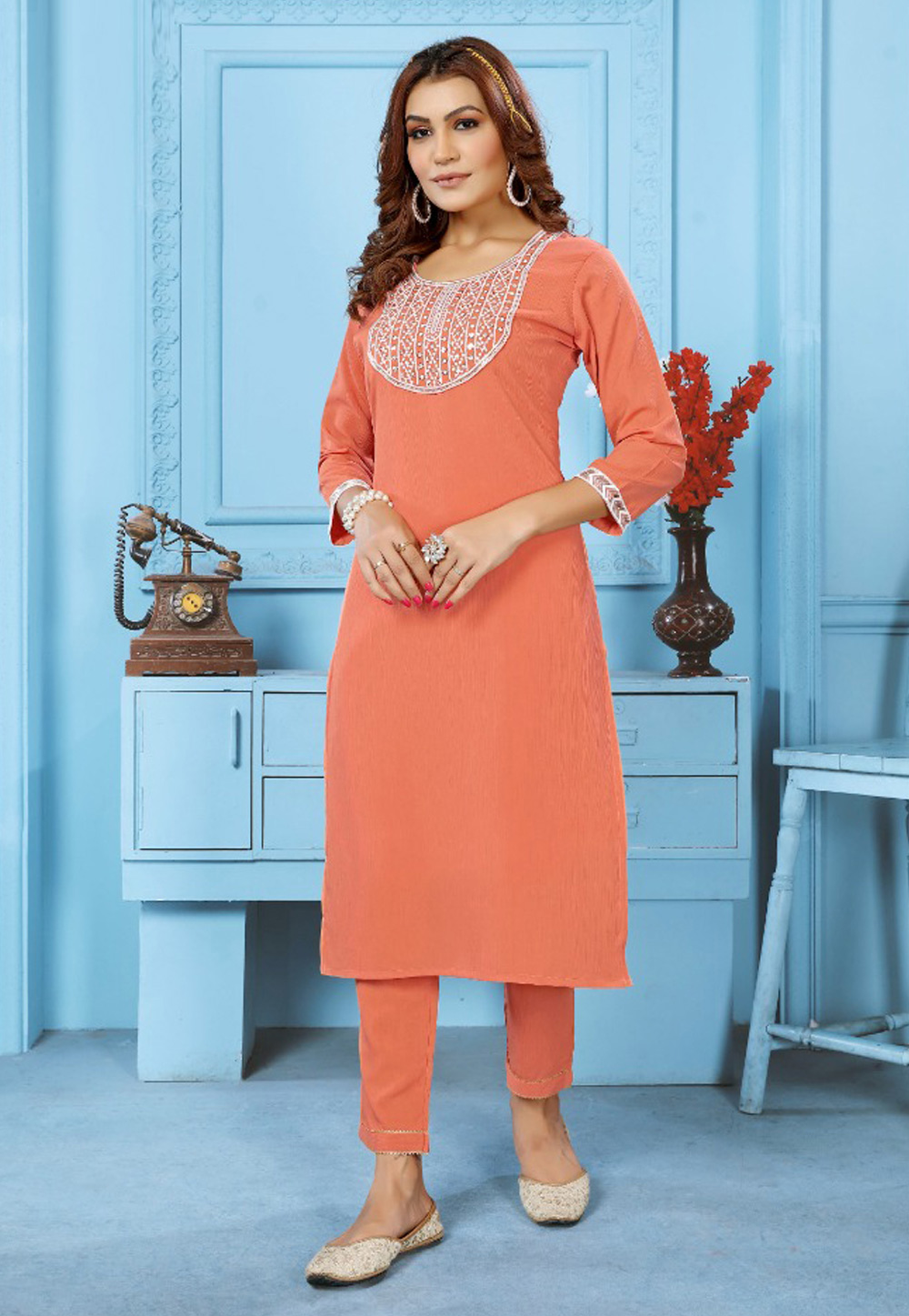 Orange plain cotton kurtas-and-kurtis - Jadu - 2974918