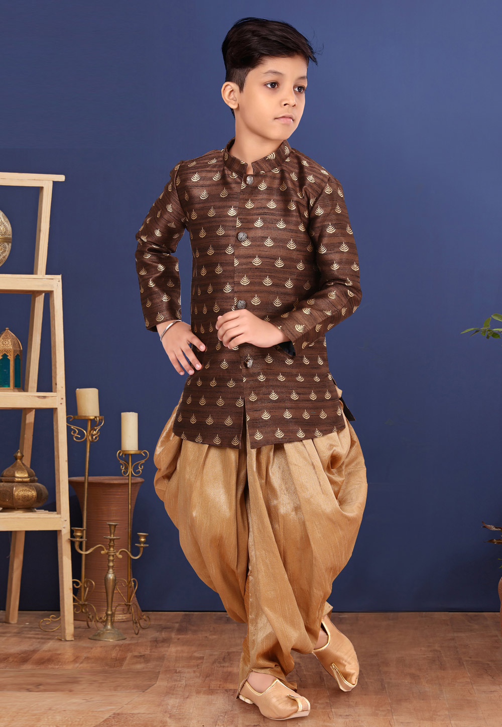 Brown Jacquard Silk Kids Indo Western Suit 271567