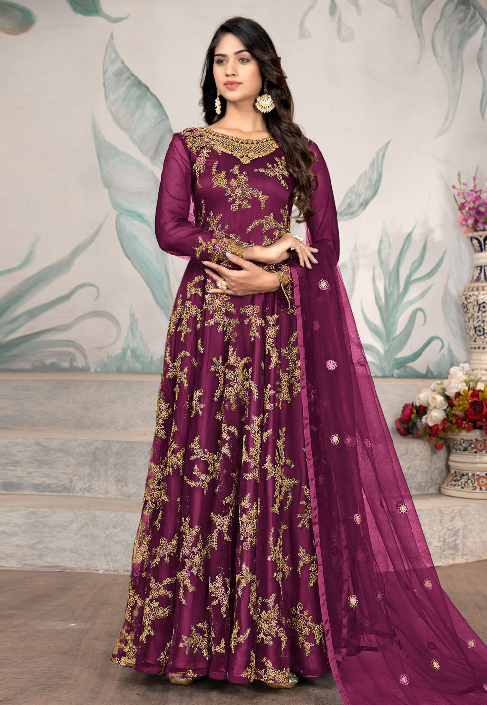 Purple Satin Abaya Style Anarkali Suit 263480