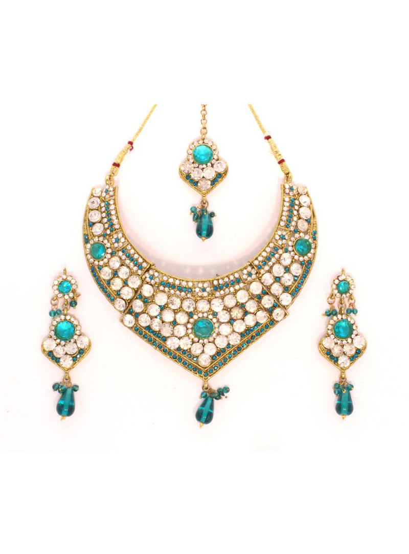 Teal Blue and White Stone Studded Necklace with Earring 24029