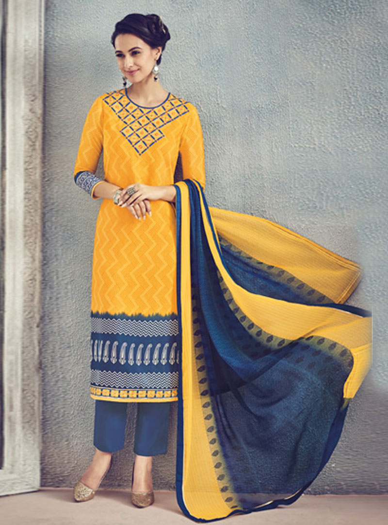 Yellow Crepe Pakistani Style Suit 79188