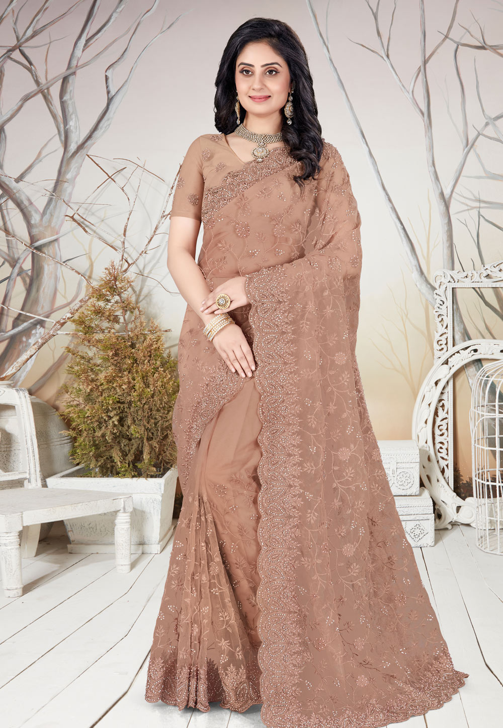 Brown Net Saree With Blouse 207740