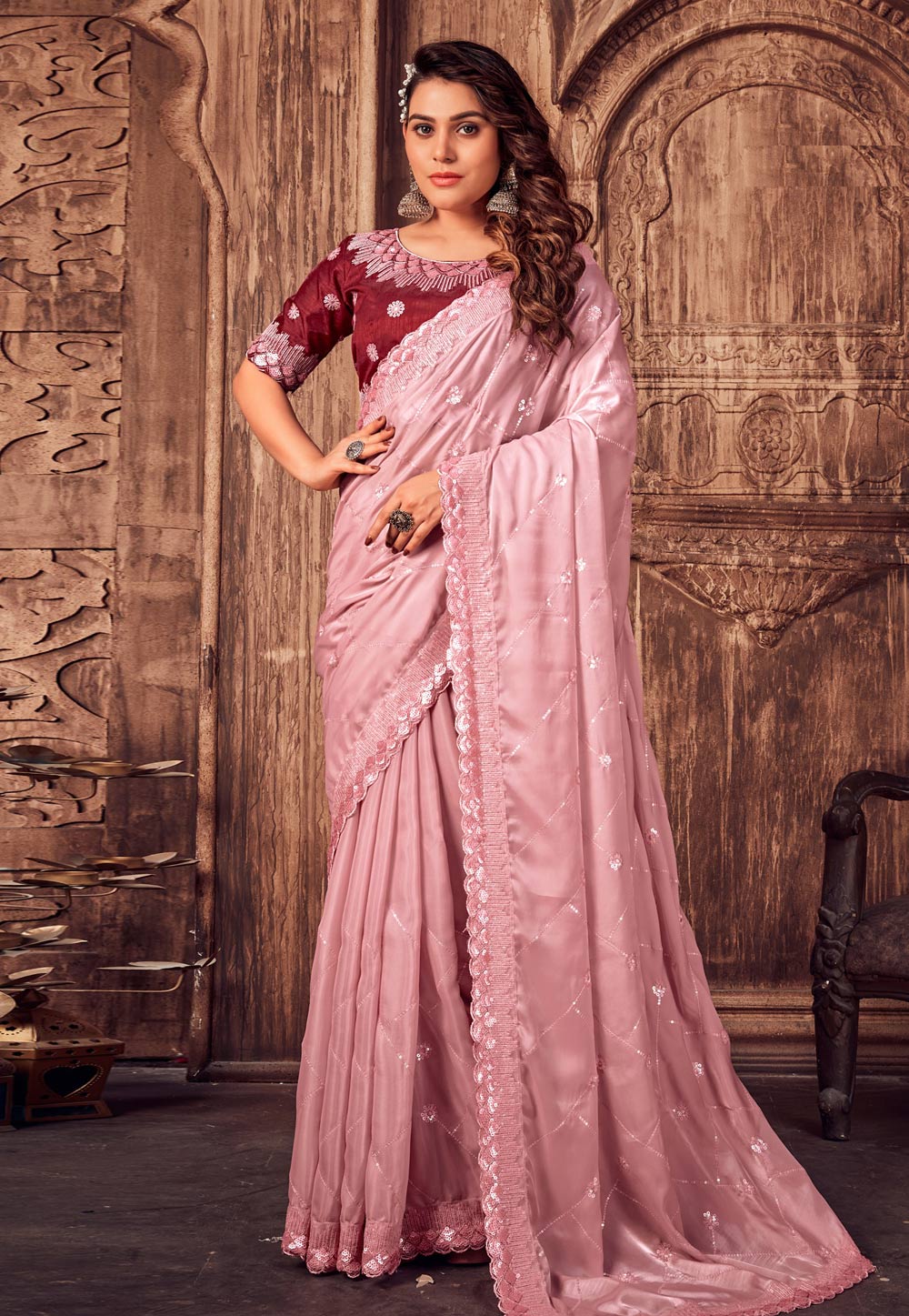 Pink Satin Silk Saree With Blouse 252234