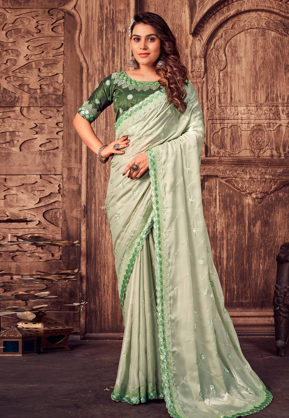 Pista Green Satin Silk Saree With Blouse 252236