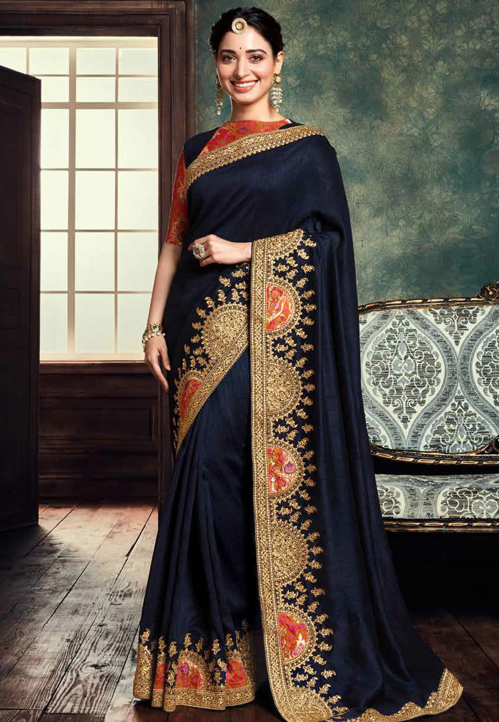 Tamannaah Bhatia Navy Blue Silk Party Wear Saree 175136