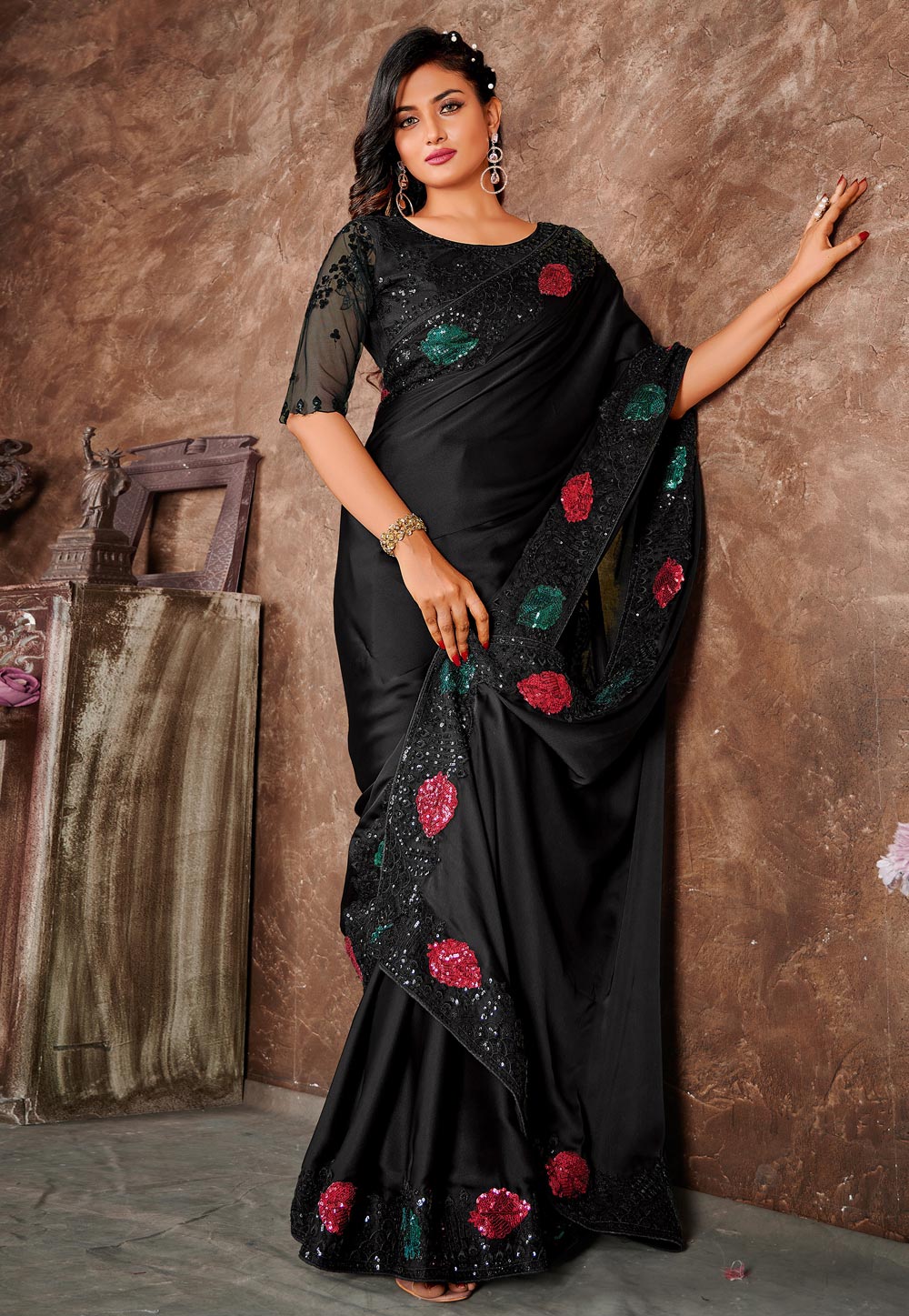 Black Satin Silk Saree With Blouse 252250
