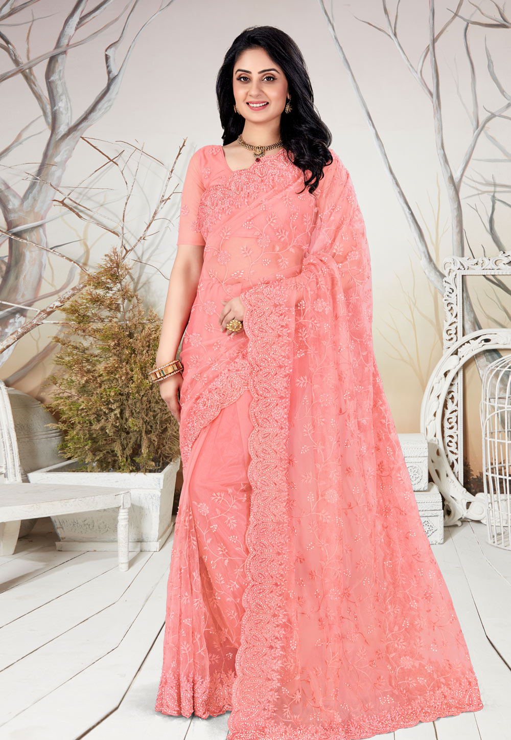 Pink Net Saree With Blouse 207742