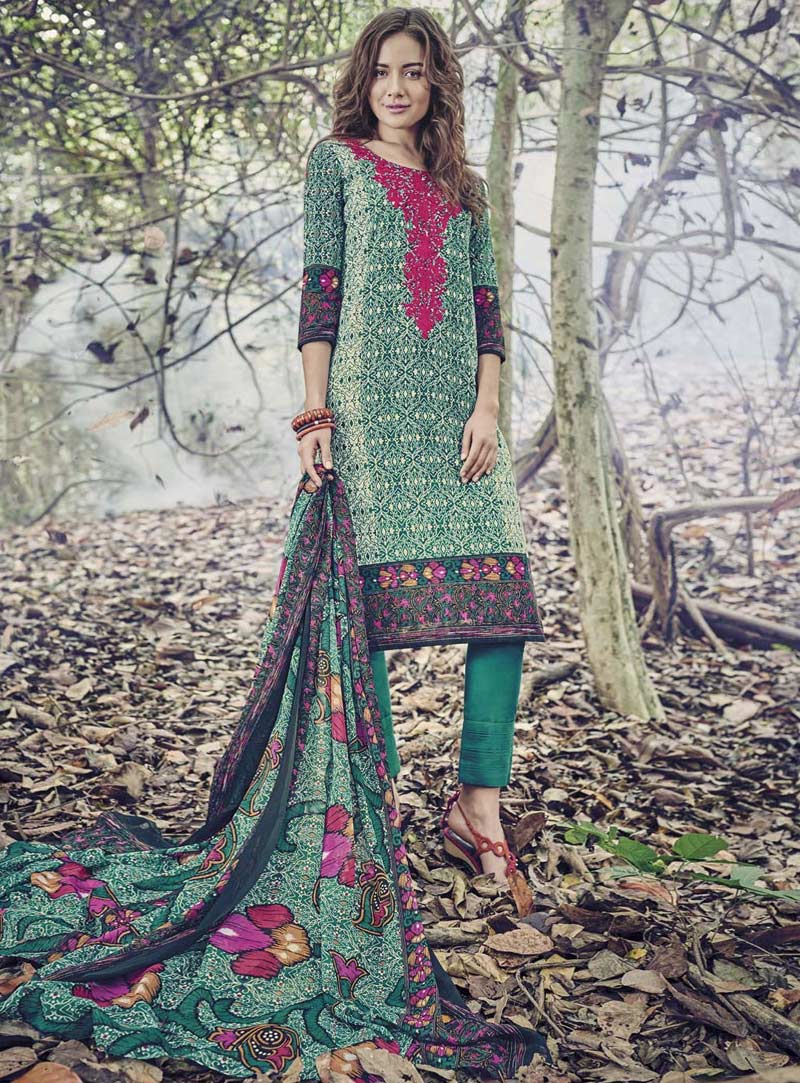 Teal Jacquard Pakistani Style Suit 87082