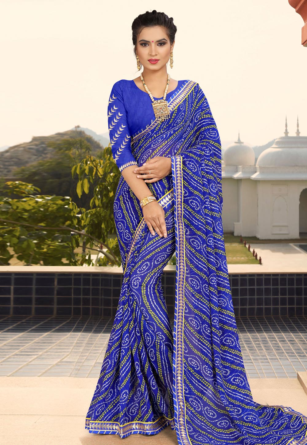 Blue Georgette Bandhej Saree With Blouse 175449