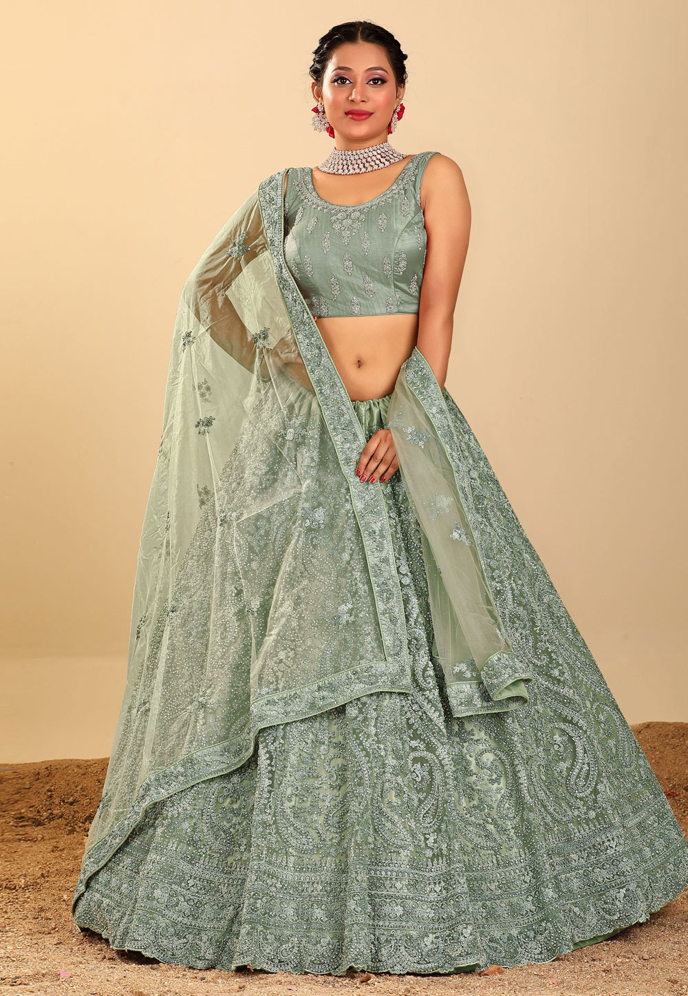 Sea Green Net Circular Lehenga Choli 271764