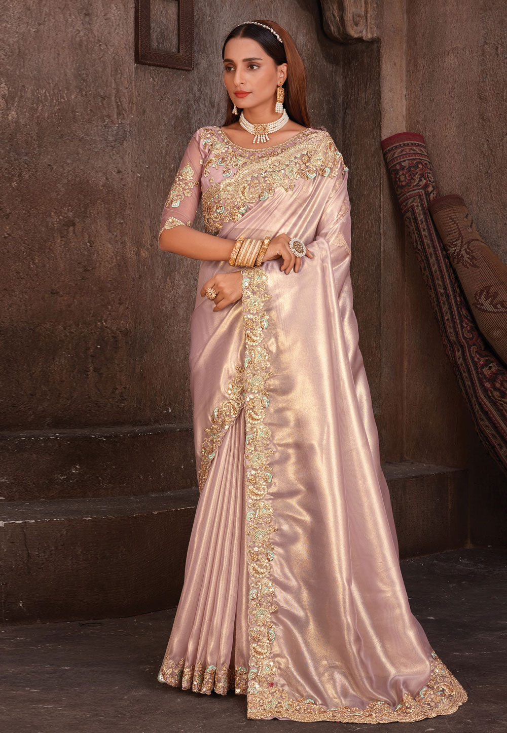 Light Pink Satin Silk Saree With Blouse 252461