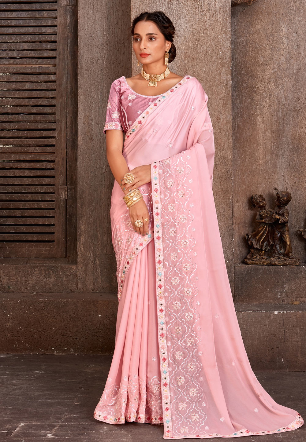 Pink Satin Silk Saree With Blouse 252468