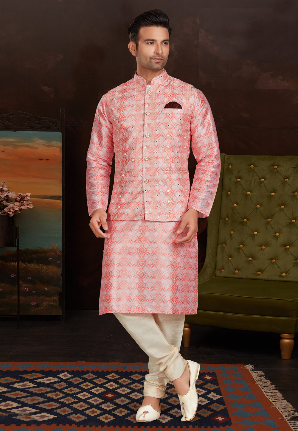 Pink Silk Kurta Pajama With Jacket 246545