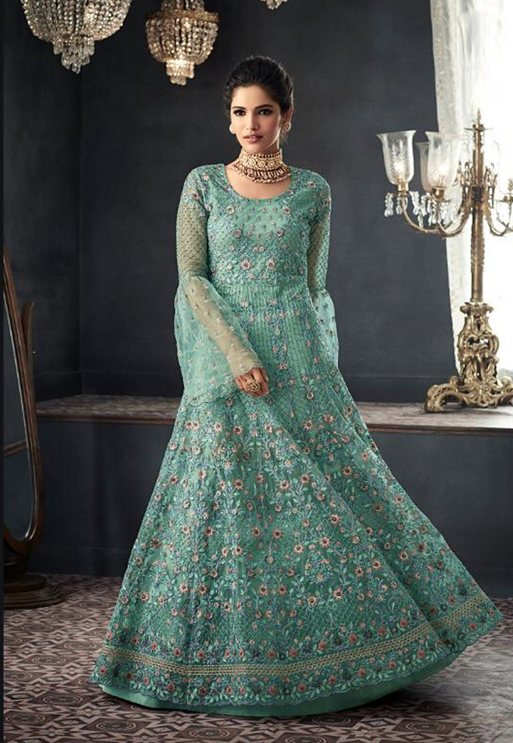 Sea Green Net Embroidered Long Anarkali Suit With Frill Sleeve 167740