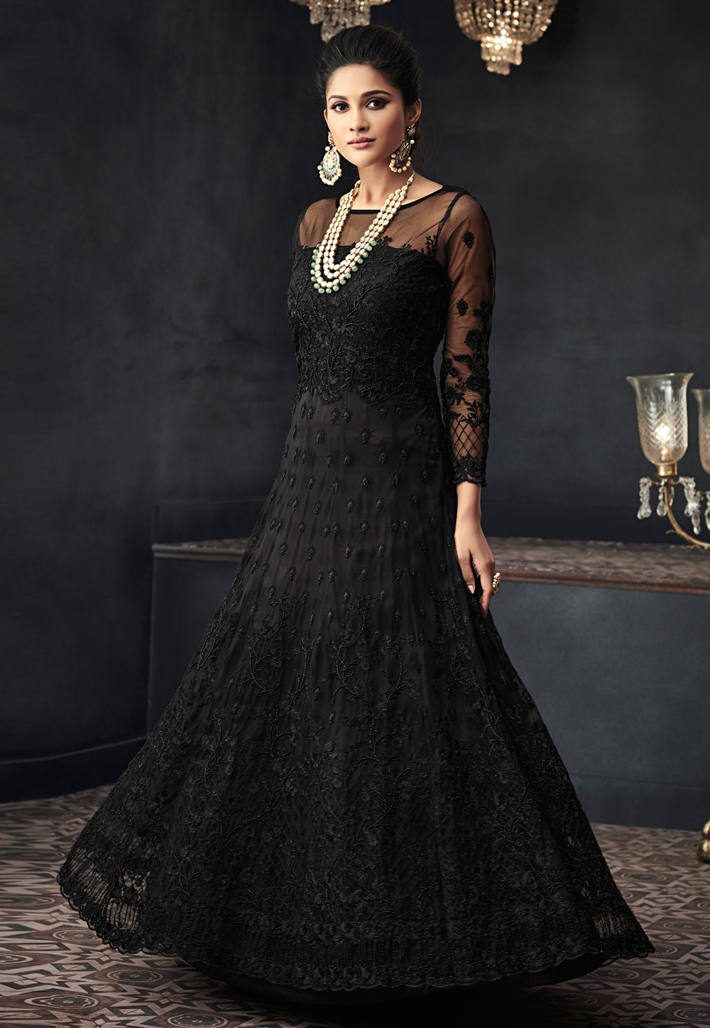 Black Net Embroidered Abaya Style Anarkali Suit 167741