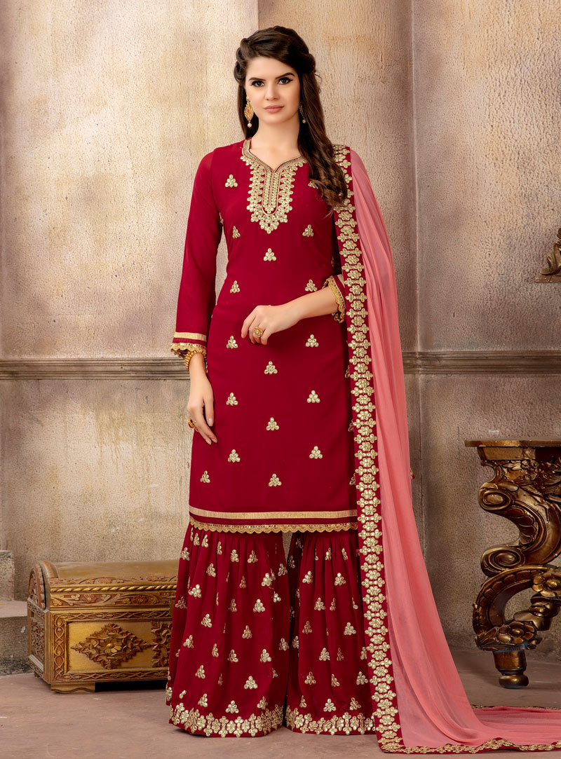 Magenta Faux Georgette Sharara Style Suit 143418