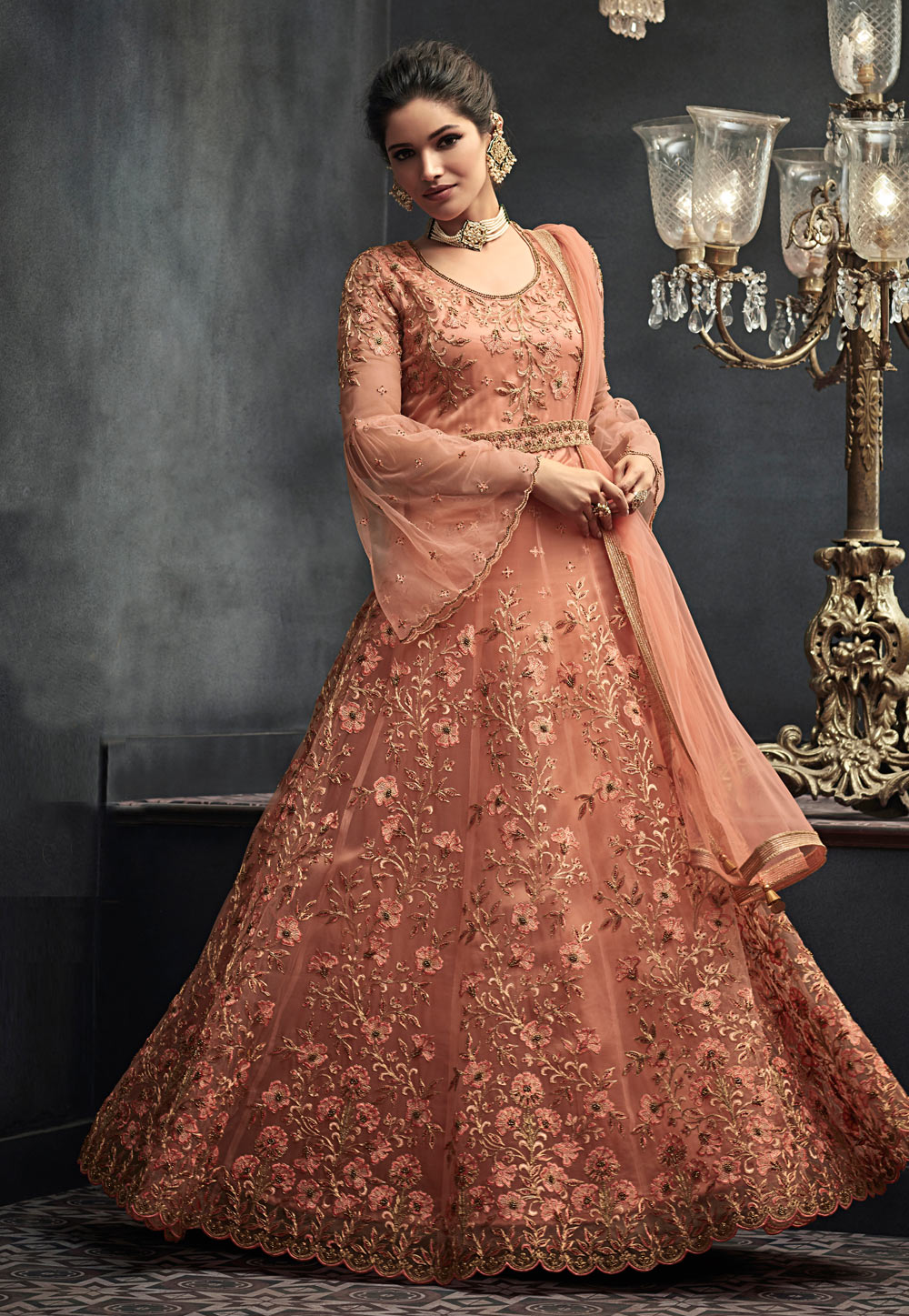 Peach Net Embroidered Long Anarkali Suit With Frill Sleeve 167742
