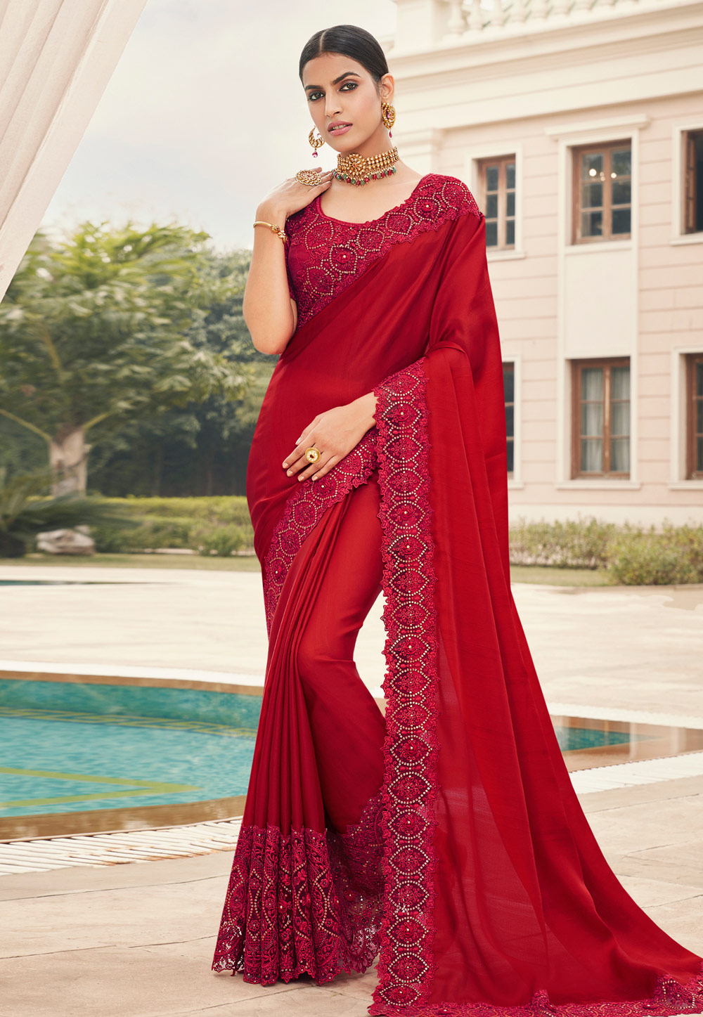 Red Satin Silk Saree With Blouse 221513
