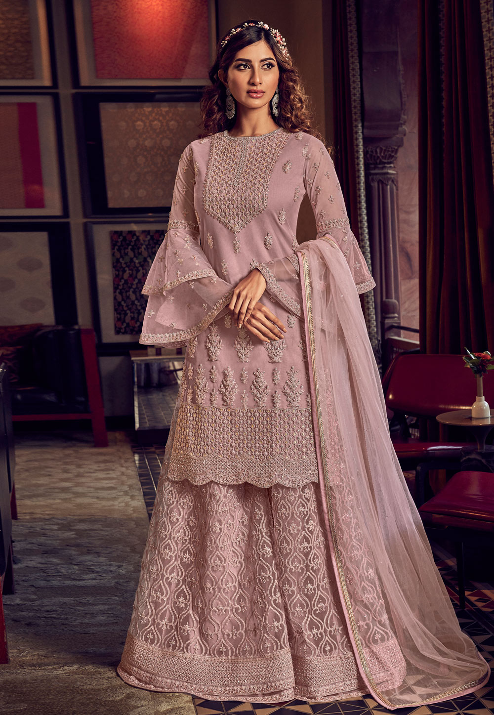 Light Purple Net Embroidered Palazzo Suit 212453