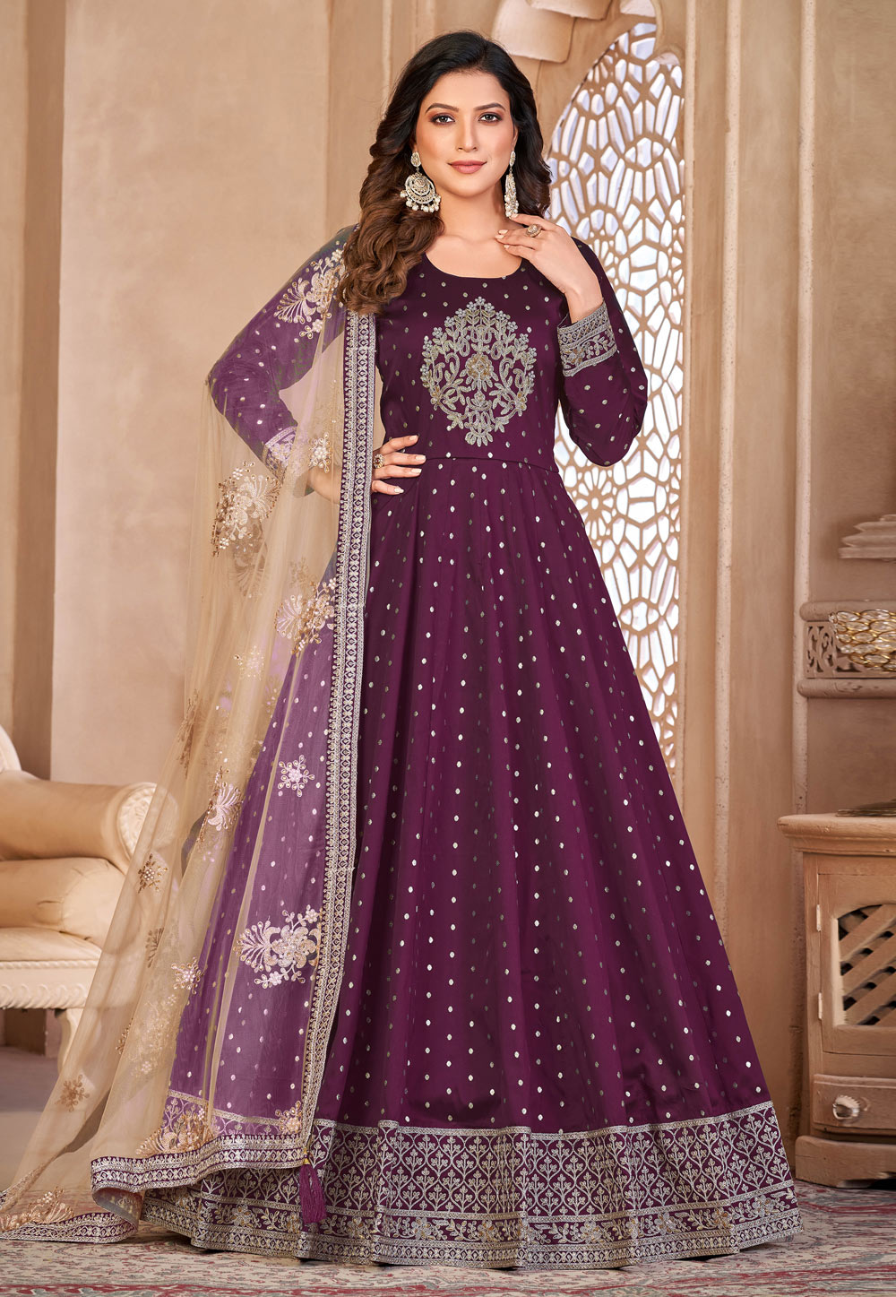 Purple Taffeta Abaya Style Anarkali Suit 270586