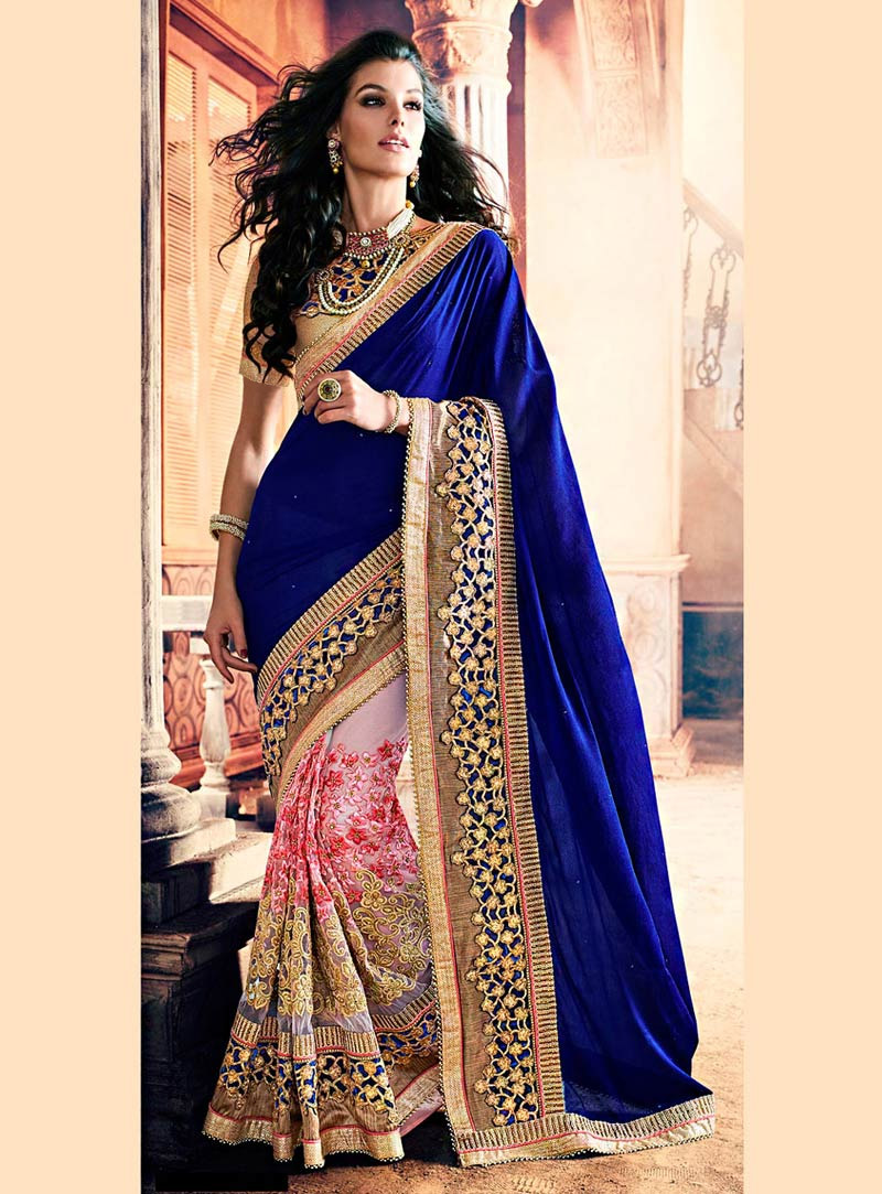 Blue Georgette Half and Half Saree With Blouse 72498