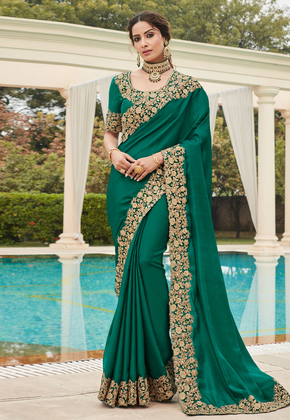 Green Satin Silk Festival Wear Saree 221514