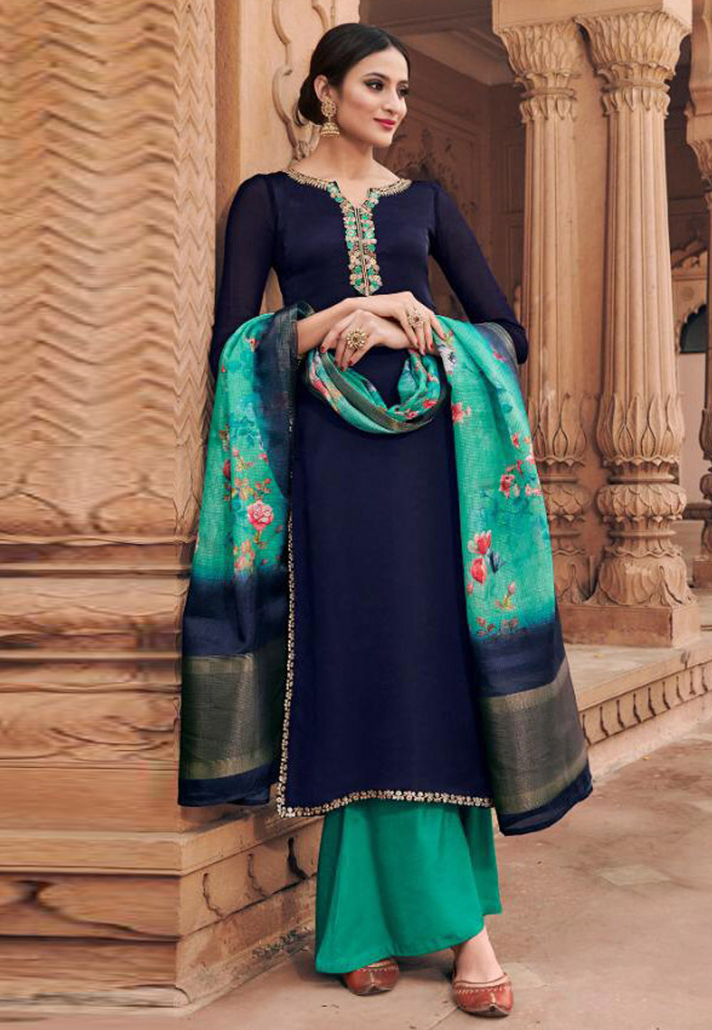 Navy Blue Georgette Pakistani Style Suit 154659