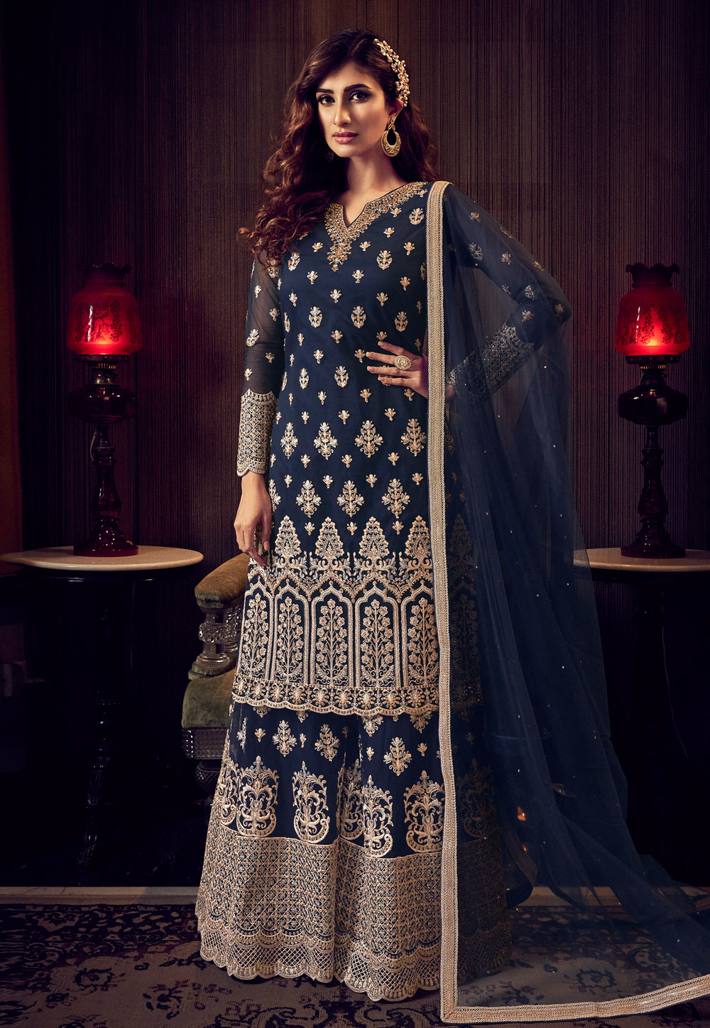 Navy Blue Net Embroidered Kameez With Palazzo 212454