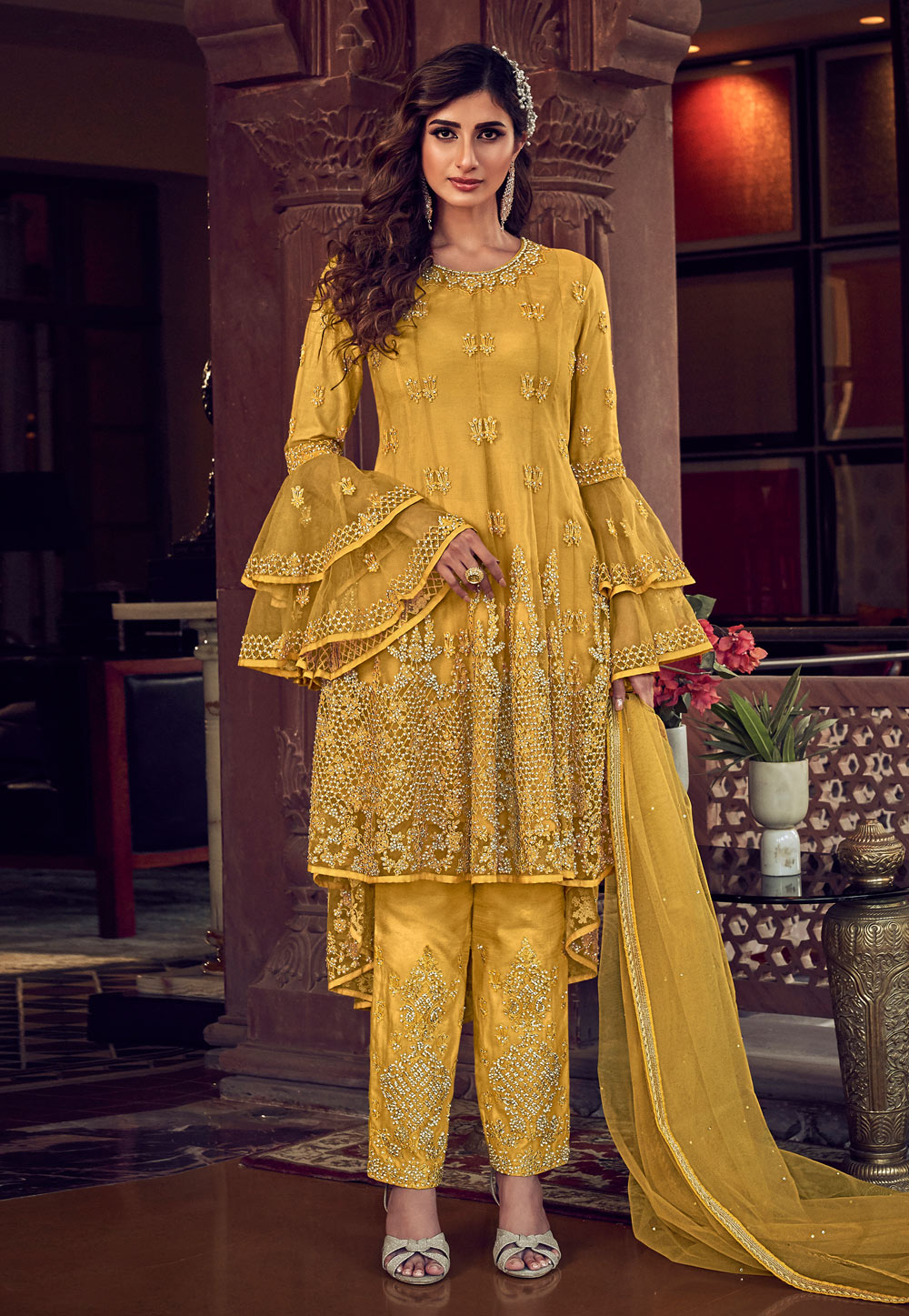 Yellow Net Embroidered Pant Style Suit 212455