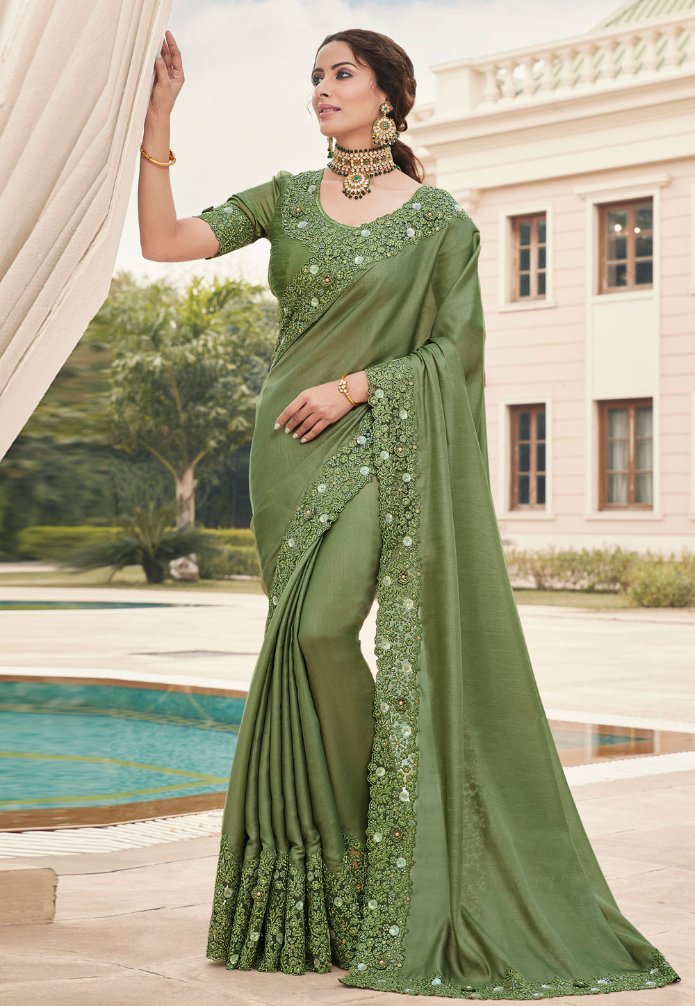 Olive Green Silk Festival Wear Saree 221516