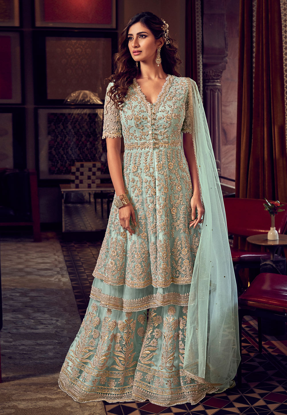 Sky Blue Net Embroidered Kameez With Palazzo 212456