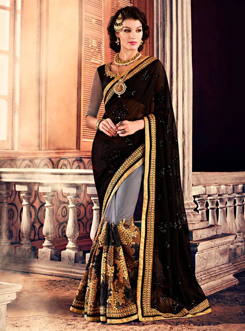 Black Georgette Half and Half Saree With Blouse 72501