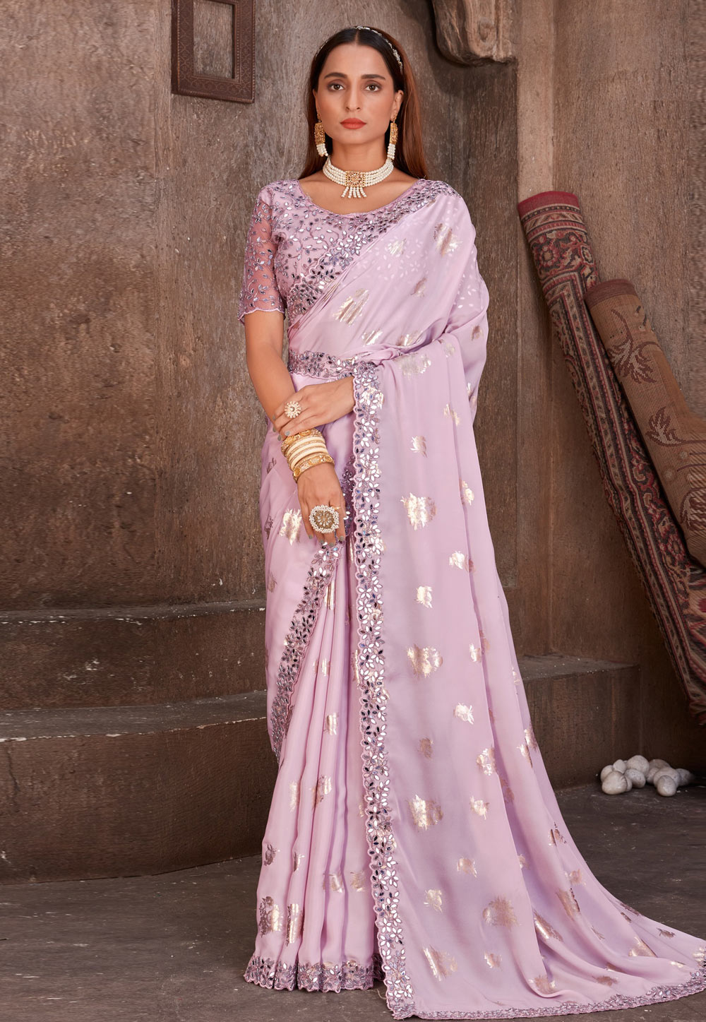 Light Purple Satin Silk Saree With Blouse 252473