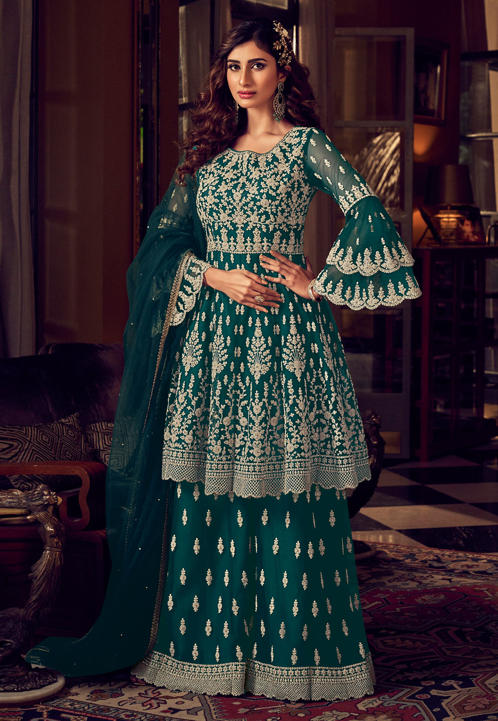 Teal Net Embroidered Palazzo Suit 212457