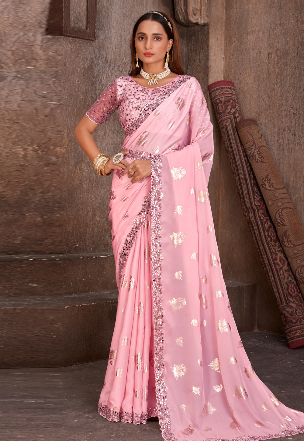 Pink Satin Silk Saree With Blouse 252475