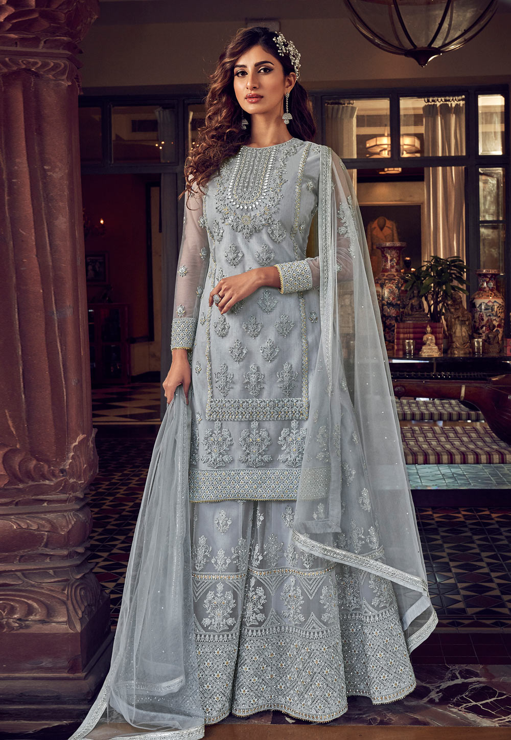 Grey Net Embroidered Palazzo Suit 212459