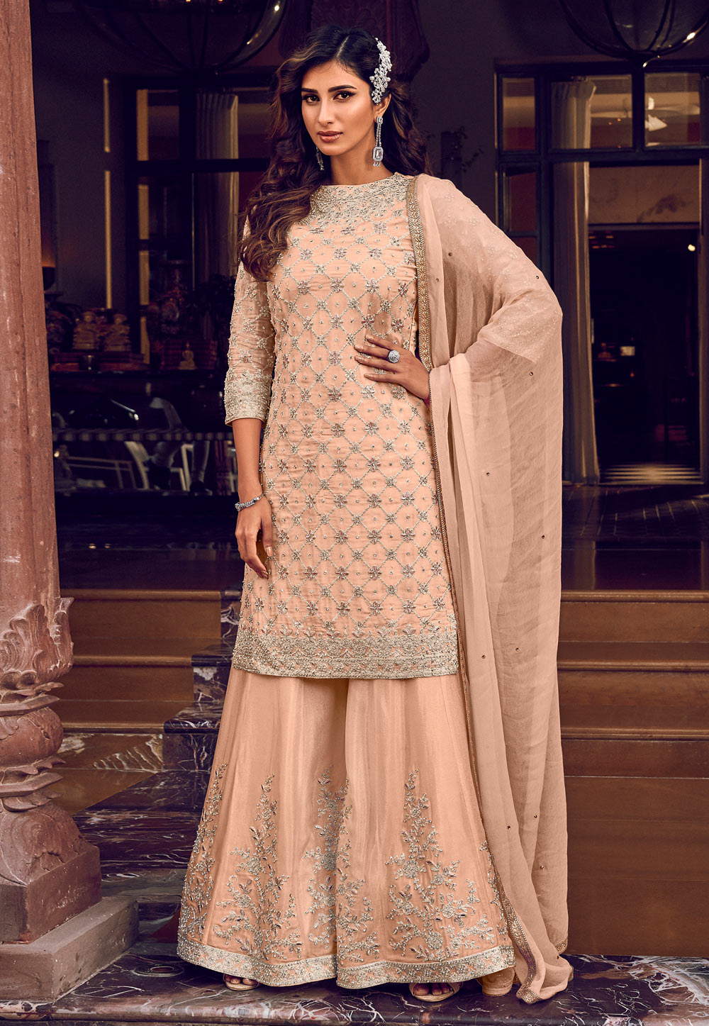Peach Georgette Embroidered Kameez With Palazzo 212460