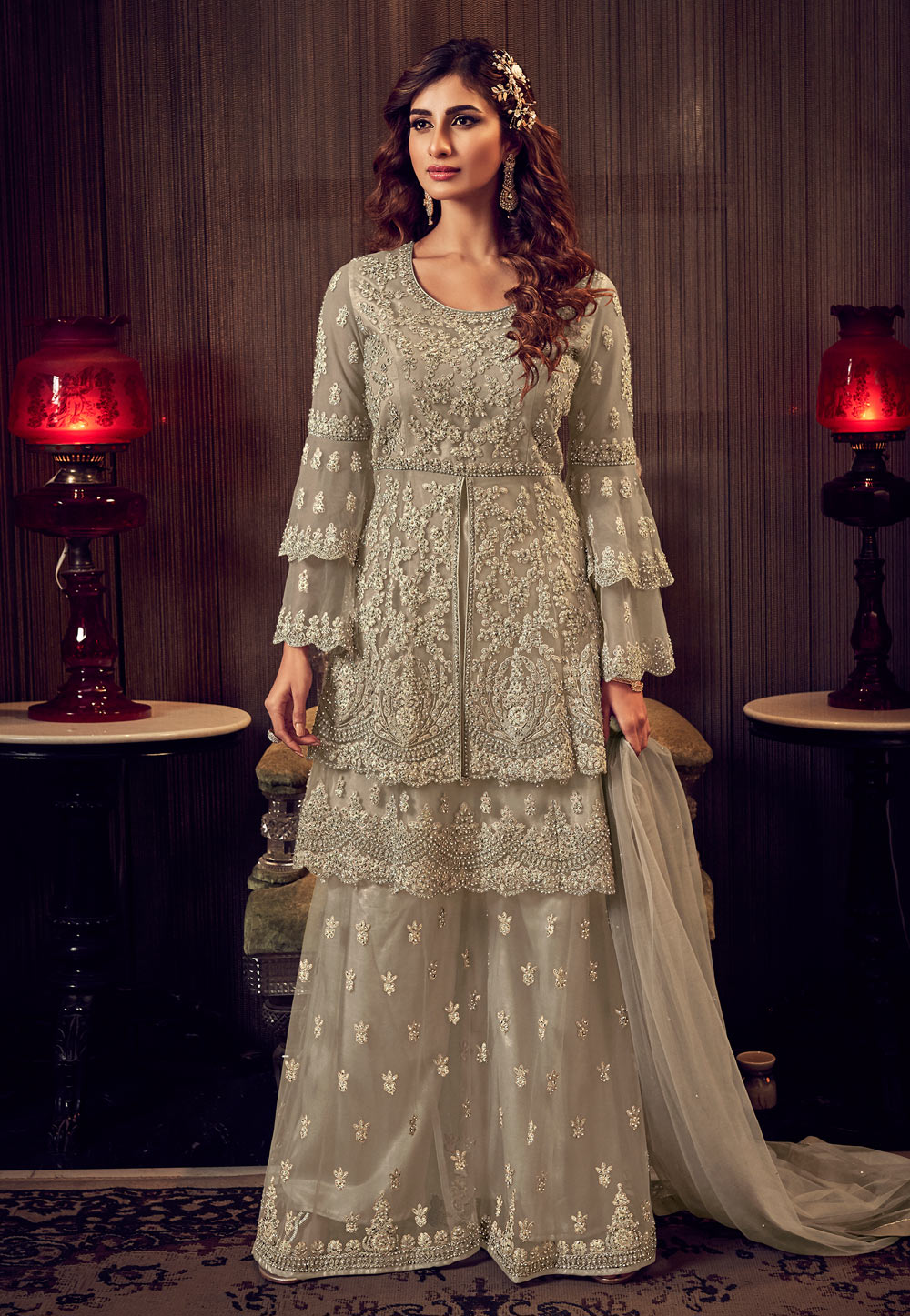 Grey Net Embroidered Palazzo Suit 212461