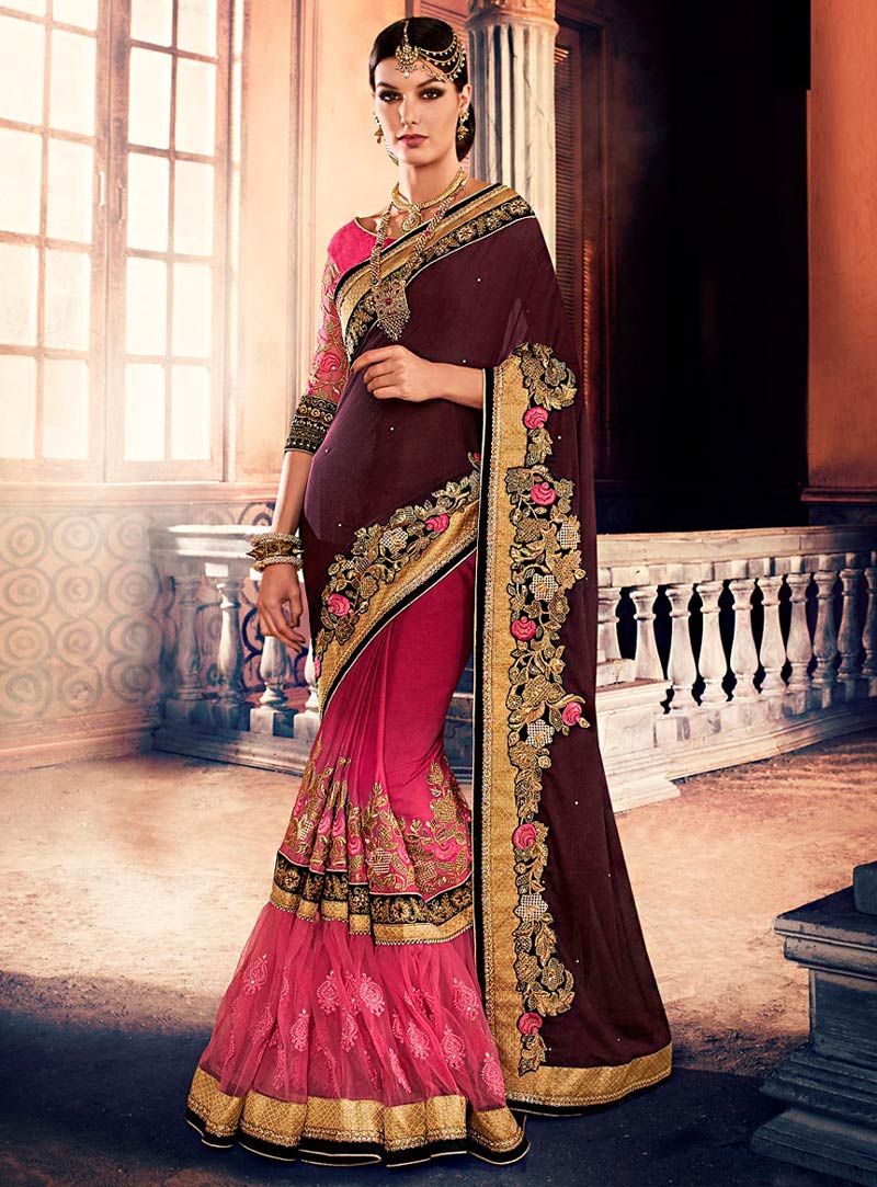 Wine Georgette Half and Half Saree With Blouse 72508