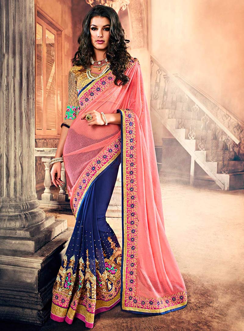 Pink Georgette Half and Half Saree With Blouse 72510