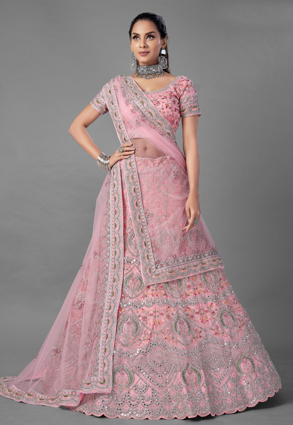 Pink Net Embroidered Lehenga Choli 224301