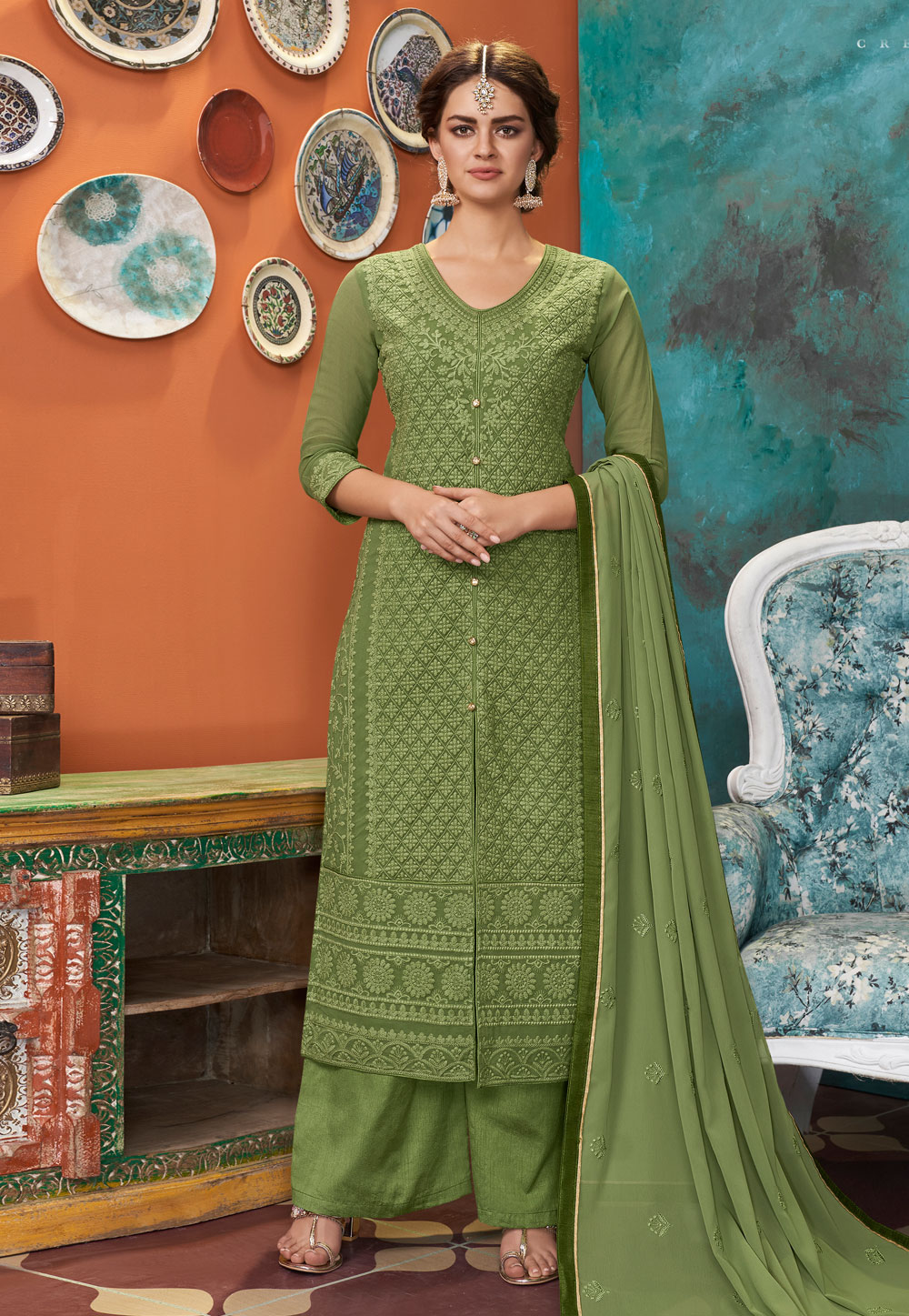 Light Green Georgette Readymade Kameez With Palazzo 210341