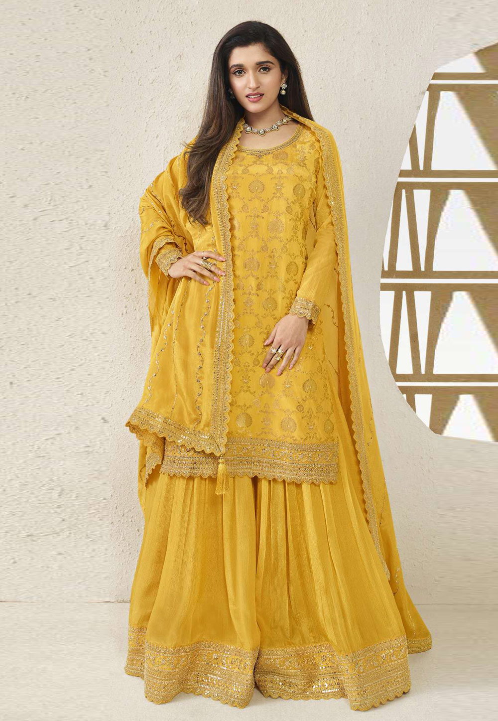 Yellow Chinon Jacquard Embroidered Gharara Suit 277715