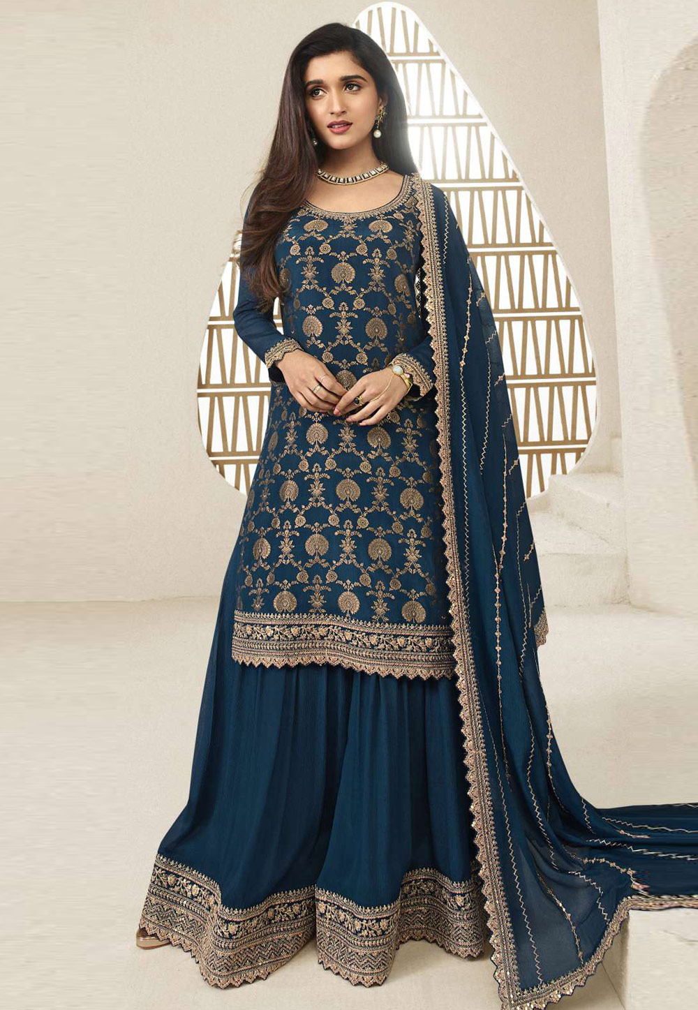 Navy Blue Chinon Jacquard Embroidered Sharara Suit 277716