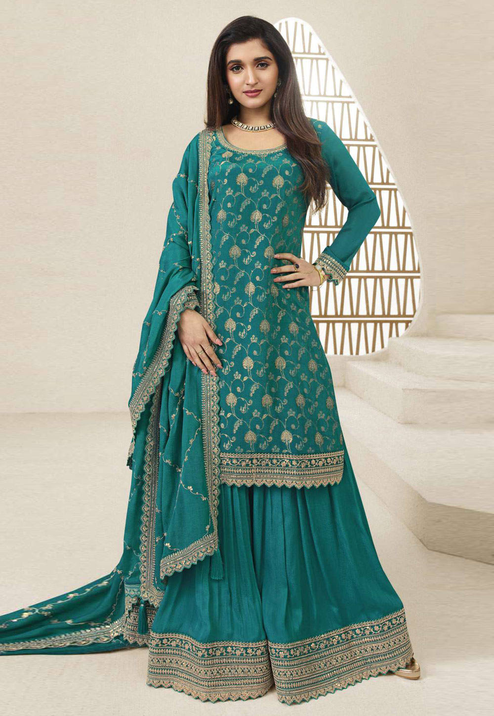 Teal Chinon Jacquard Embroidered Sharara Suit 277718