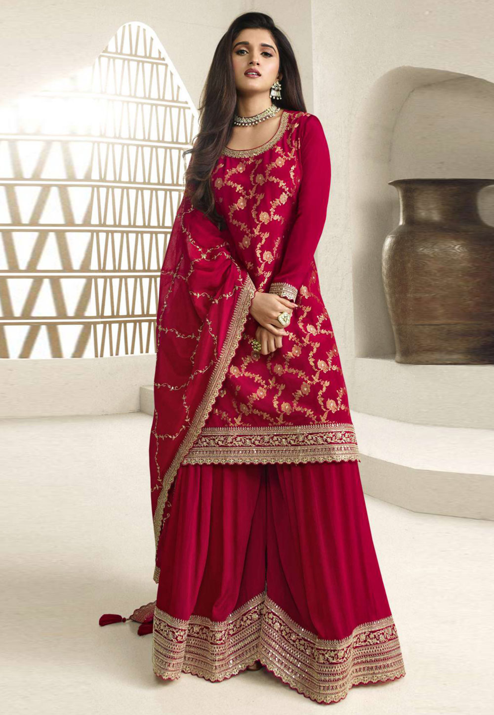 Red Chinon Jacquard Embroidered Gharara Suit 277719
