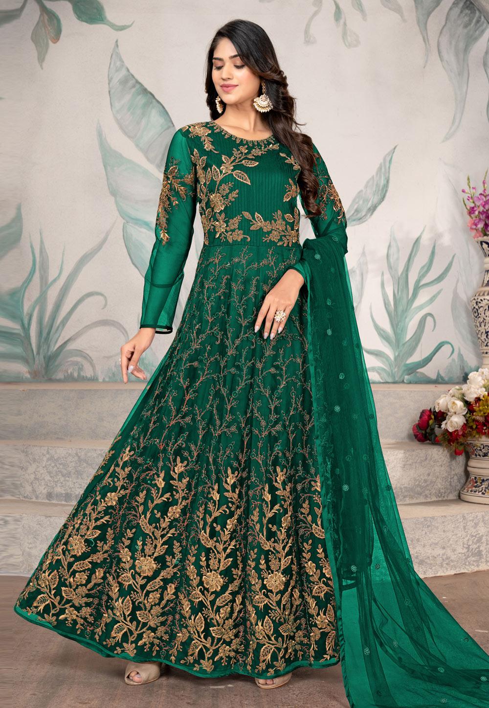 Green Net Abaya Style Anarkali Suit 263477