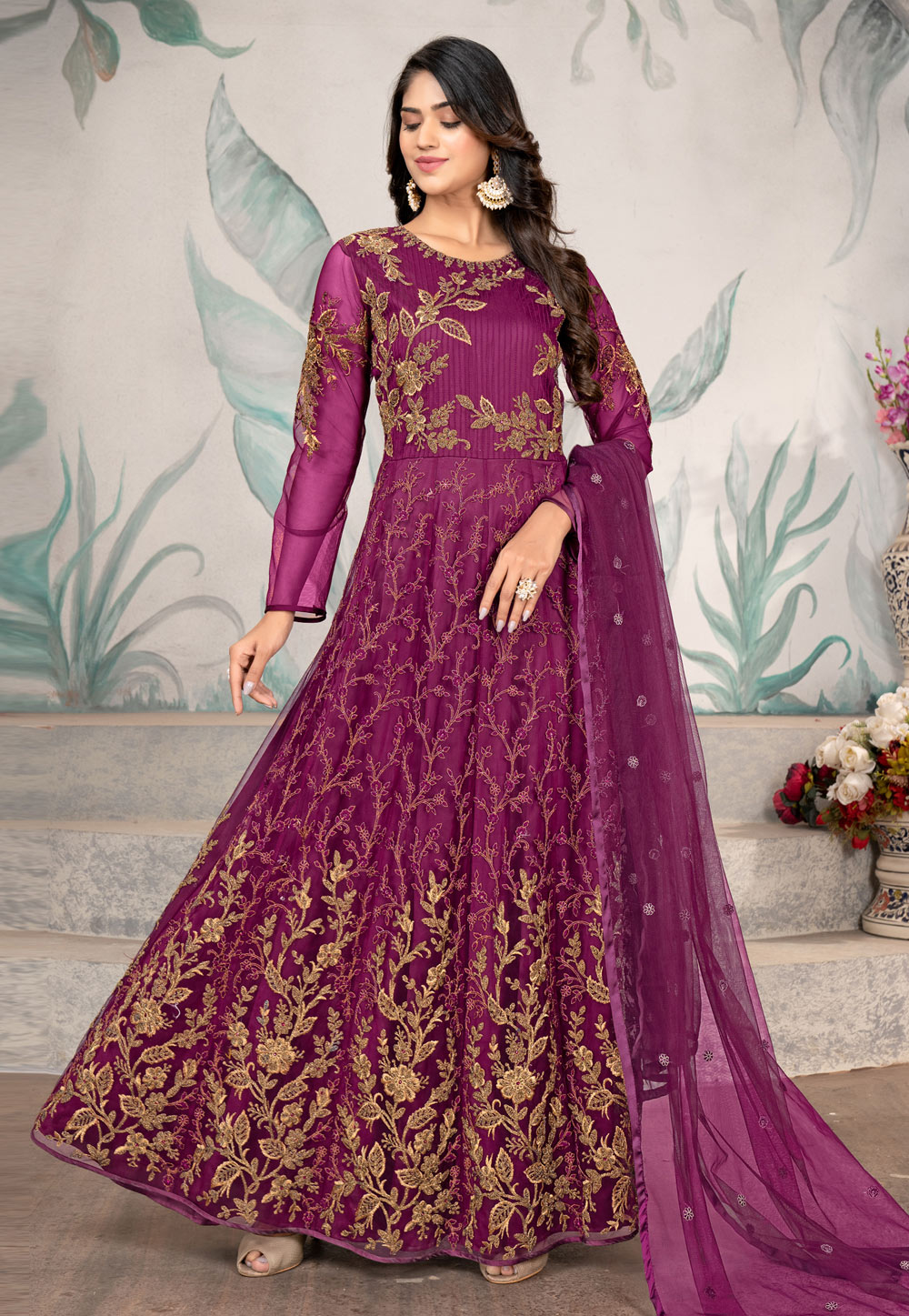 Purple Net Long Anarkali Suit 263478